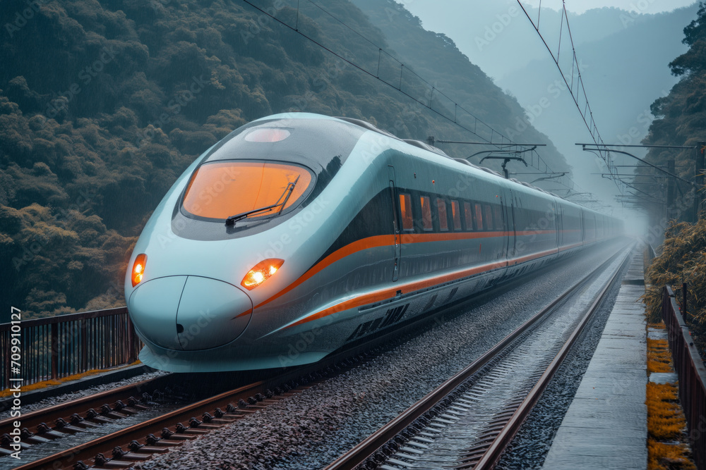 Fototapeta premium Fast speed train in China, train among Chinese landscape