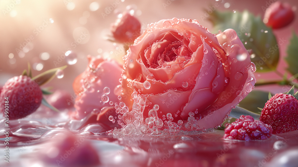 Close-up of pink rose petals with water drops. Mix berry water splash, Cosmetics with rose flower extract Selective focus Close-up of pink rose petals with water drops. Mix berry water splash, Cosmetics with rose flower extract Selective focus
