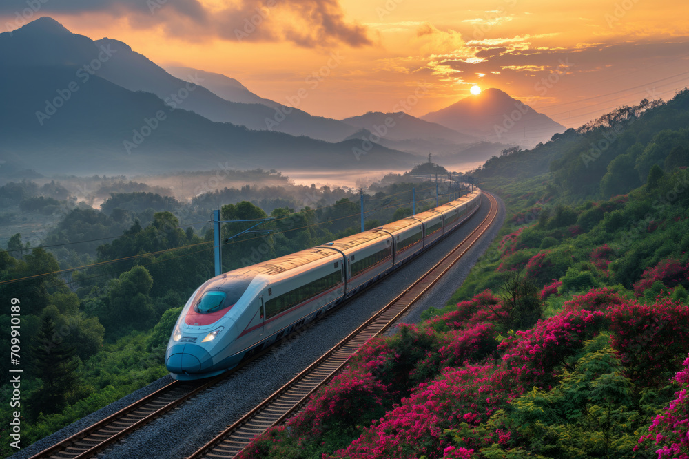 Super high speed train in China, train among chinese scenery in spring time. - obrazy, fototapety, plakaty 