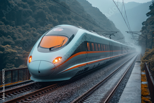 Fast speed train in China, train among Chinese landscape