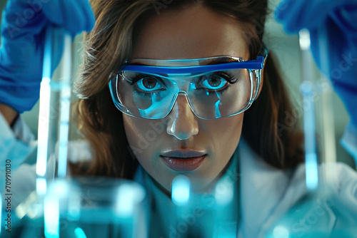portrait of a woman wearing glasses and doing scientific research at the lab 