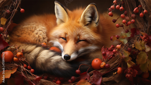 Red fox in a wicker basket with autumn leaves and berries.