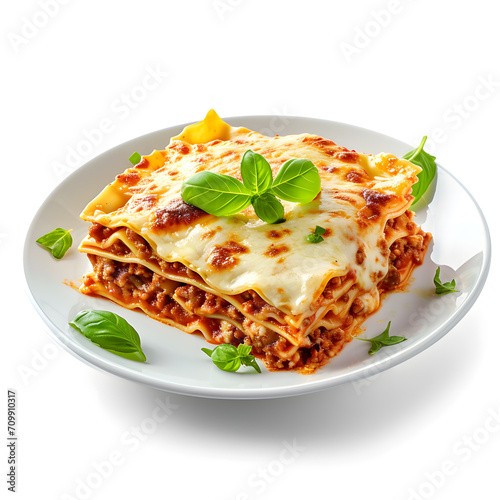 Tasty hot Lasagna served with a basil leaf on white bowl, isolated on white background