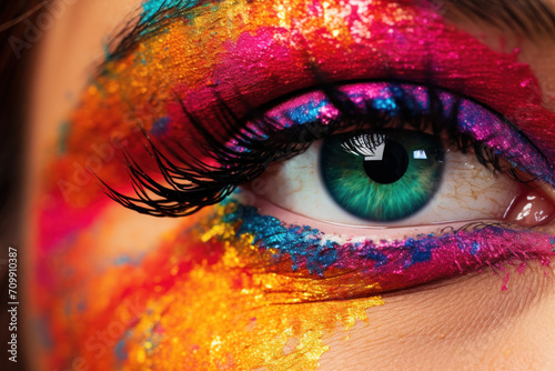 eye of the girl with rainbow colourful make up 