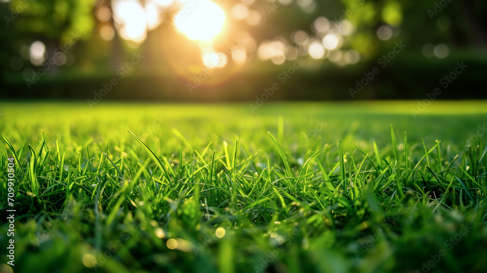 Naklejka premium green grass at sunset with nature's sunlight