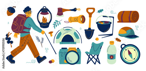 Hiking and camping equipment. Cartoon mountain trekking and campfire picnic tools, outdoor vacation and survival accessories. Vector flat illustration of hiking adventure cartoon