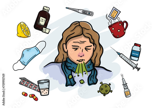 Sick girl in scarf with cough and runny nose and medical elements, surgical mask, medicines, vaccine and viruses