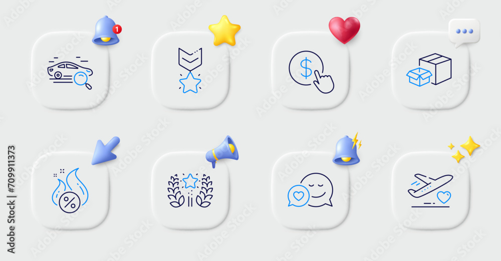 Packing boxes, Ranking and Hot loan line icons. Buttons with 3d bell, chat speech, cursor. Pack of Buy currency, Dating, Search car icon. Winner medal, Medical flight pictogram. Vector Packing boxes, Ranking and Hot loan line icons. Buttons with 3d bell, chat speech, cursor. Pack of Buy currency, Dating, Search car icon. Winner medal, Medical flight pictogram. Vector