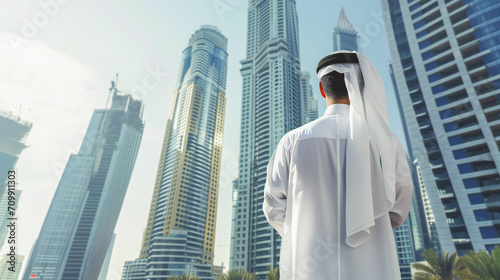 Construction and real estate investments. An Arab man stands with his back to a modern tall building. 