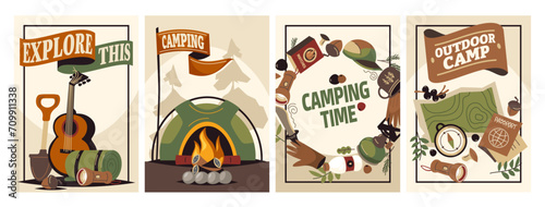 Forest camping poster. Summer outdoor activity brochure with hiking and camping logo, nature recreation concept. Vector flyer banner for forest adventure, summer travel camp illustration