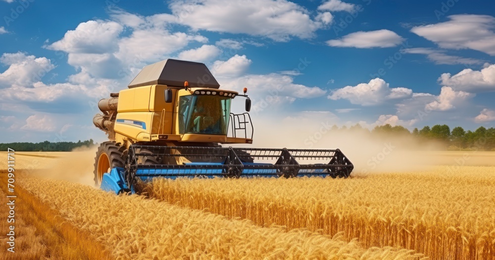 Obraz premium The Grandeur of a Combine Harvester Operating in the Field, Beneath a Clear Blue Sky