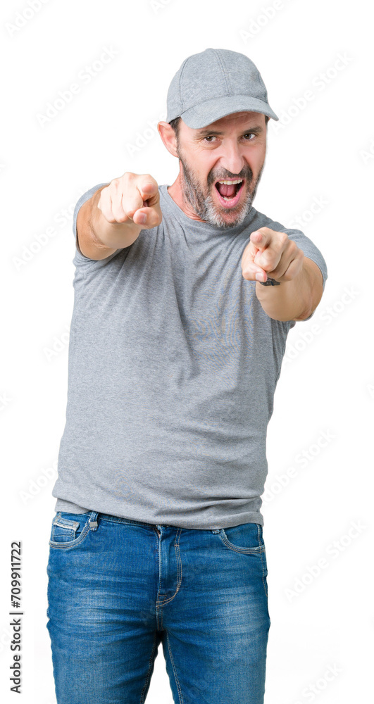 Handsome middle age hoary senior man wearing sport cap over isolated background Pointing to you and the camera with fingers, smiling positive and cheerful Handsome middle age hoary senior man wearing sport cap over isolated background Pointing to you and the camera with fingers, smiling positive and cheerful
