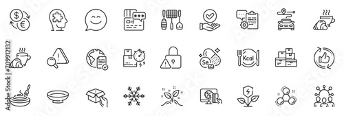 Icons pack as Journey, Coffee break and Pasta dish line icons for app include Mental conundrum, Wholesale goods, Attention outline thin icon web set. Online voting, Selenium mineral. Vector