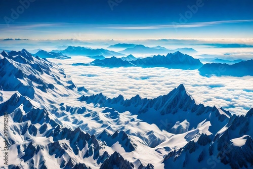 Immerse yourself in the sheer magnificence of aerial vistas as you visualize an HD image portraying the seamless encounter between mountains and clouds through an airplane window.