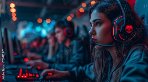 Concentrated female gamer with teammates engaged in an esports challenge, illuminated by the glow of screens in a dynamic gaming salon. photo
