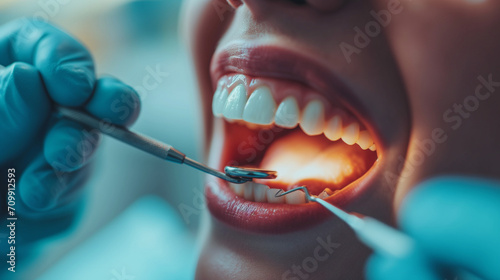 A woman getting her teeth professionally cleaned by a dentist. photo