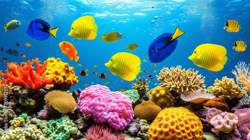 Colorful fish, including yellow tangs and clownfish, swim gracefully among the vivid corals and anemones that decorate the ocean floor.