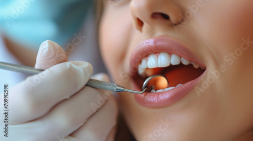 Dentist checking woman's teeth photo