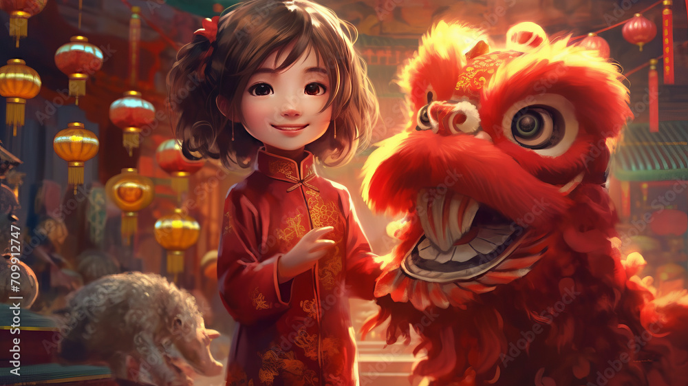 A little girl and Chinese lion dance on chinese new year festival background,generative ai