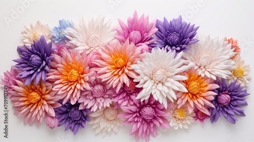 a collection of aster petals  their cheerful colors forming a lively and dynamic display against a pristine white background  celebrating the spirit of floral diversity.