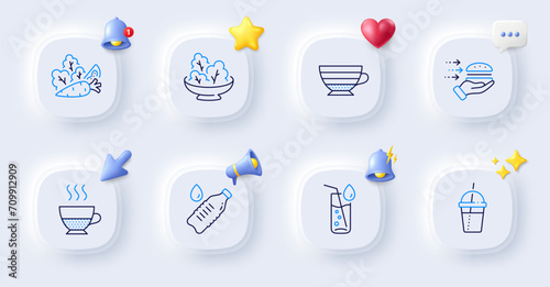 Water bottle, Cappuccino and Water glass line icons. Buttons with 3d bell, chat speech, cursor. Pack of Doppio, Salad, Vegetables icon. Food delivery, Coffee cocktail pictogram. Vector