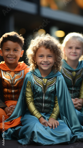 Children Sitting on Green Carpet Wearing super heroes Different Costumes 
