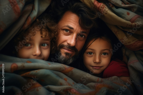 Father and two children peeking out from under a blanket. Heartwarming and intimate family moment.