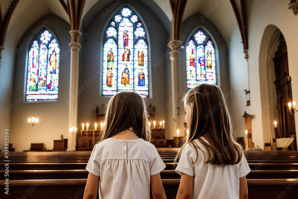 Child praying in church. Generative AI