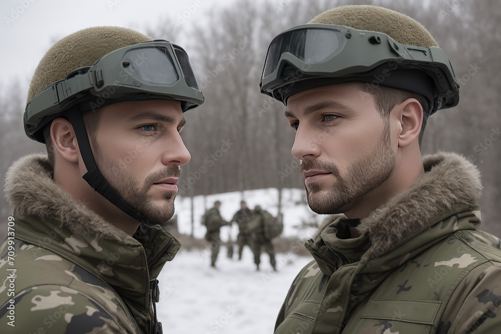 Two soldiers in camouflage military uniform talking, winter. Generative AI