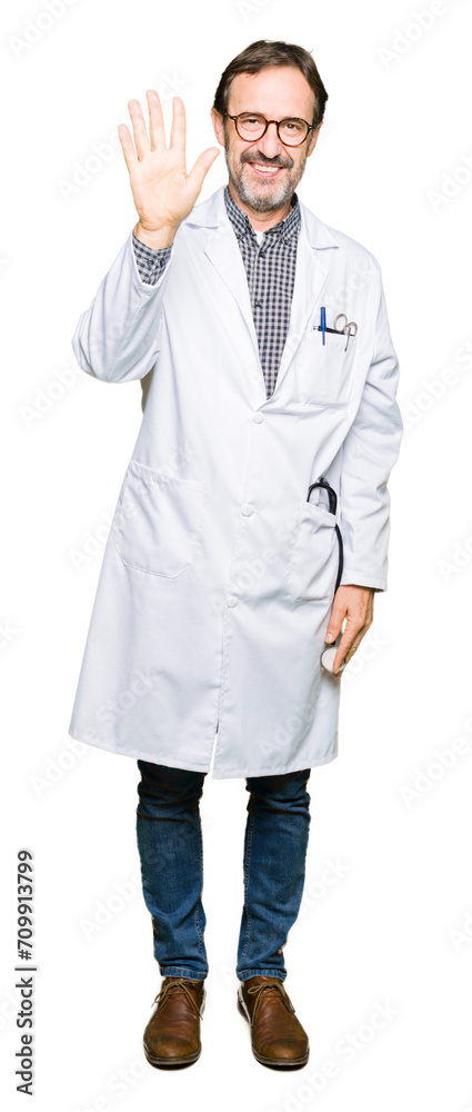 Middle age doctor men wearing medical coat showing and pointing up with fingers number five while smiling confident and happy. Middle age doctor men wearing medical coat showing and pointing up with fingers number five while smiling confident and happy.