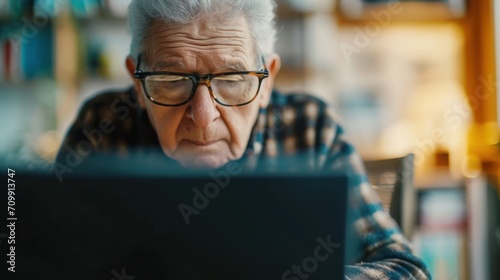 Generative AI, Senior man working with a laptop computer at the table, wearing glasses, learning to use a computer photo