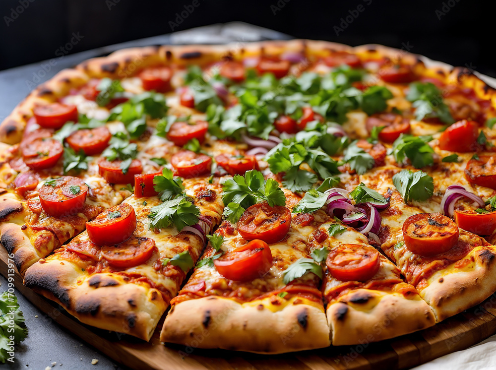 Tasty pizza with butter chicken and toppings of red pepper, red onion, and cilantro