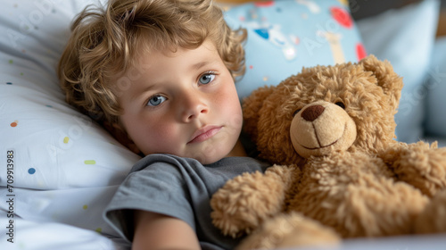 Little Boy Laying in Bed With Teddy Bear