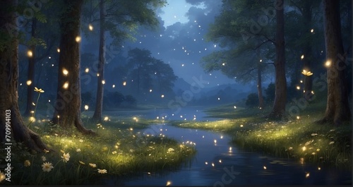 A serene woodland alive with a serenade of elegant fireflies, their gentle glow enhancing the refined beauty - Generative AI © Huzaifa