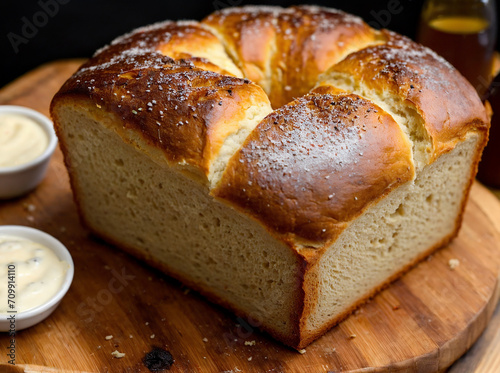 Homemade comfort food_ Warm pretzel bread straight from the oven, served with craft beer professional food photography.