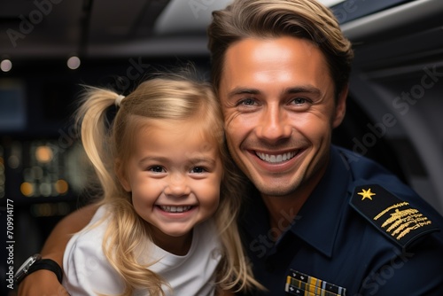 Flight attendant and cute little girl