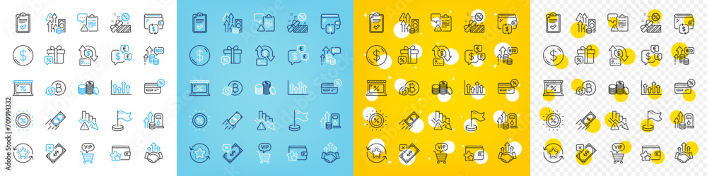 Vector icons set of Market, Upper arrows and Banking money line icons pack for web with Discount, Deflation, Bid offer outline icon. Fast payment, Wallet, Sale gift pictogram. Vector