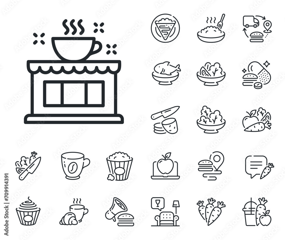 Cafe house sign. Crepe, sweet popcorn and salad outline icons. Coffee shop line icon. Tea drink cup symbol. Coffee shop line sign. Pasta spaghetti, fresh juice icon. Supply chain. Vector