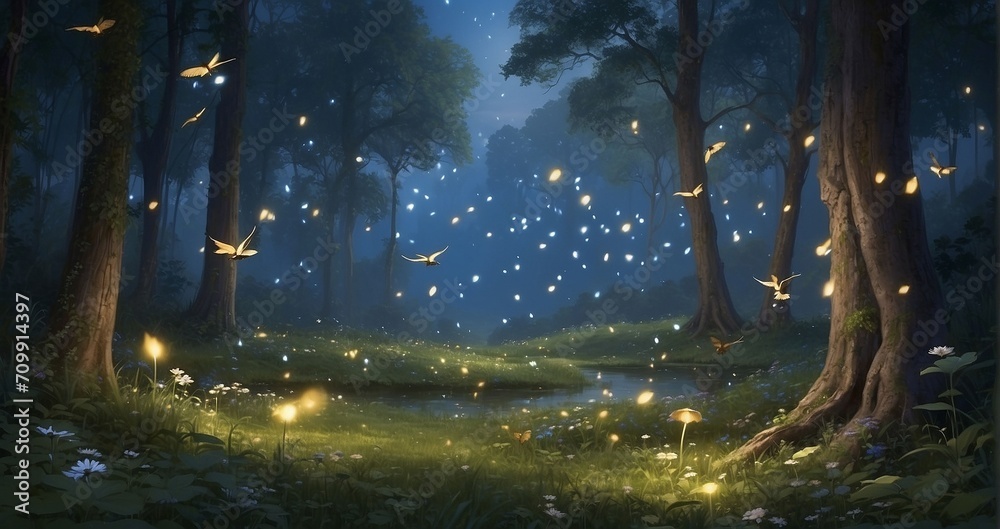 A serene woodland alive with a serenade of elegant fireflies, their gentle glow enhancing the refined beauty - Generative AI