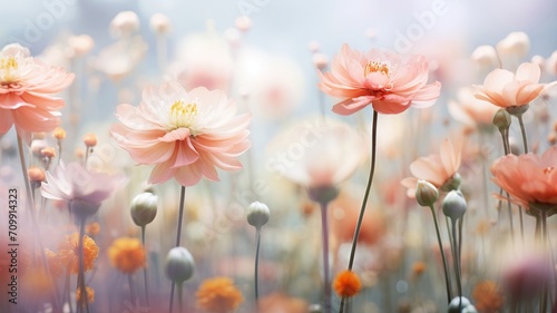 Ethereal flowers bloom in a misty, dream-like garden setting