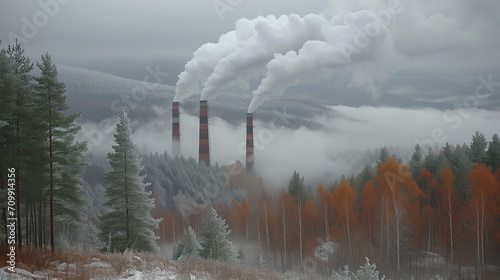 Smokestack Emitting From Forest Filled With Trees