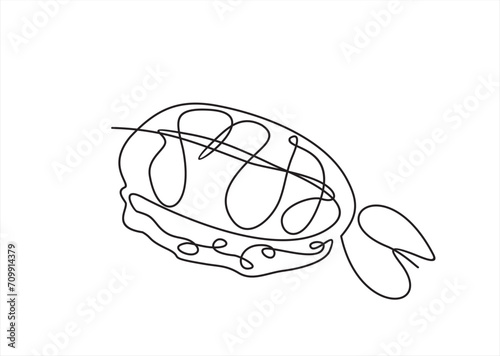 Shrimp nigiri, ebi sushi one line colored continuous drawing. Japanese cuisine, traditional food continuous one line illustration.