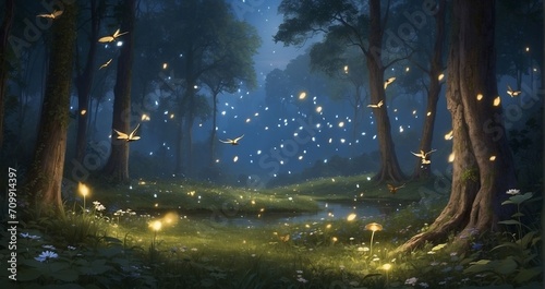 A serene woodland alive with a serenade of elegant fireflies  their gentle glow enhancing the refined beauty - Generative AI