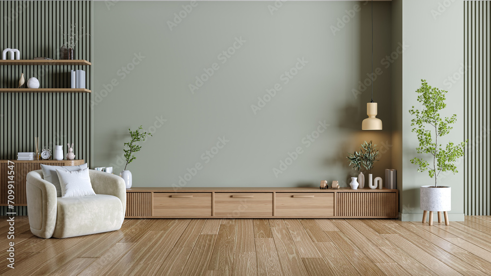 Wooden cabinet for tv and green wall,Modern interior style . white sofa in living room .3d render Wooden cabinet for tv and green wall,Modern interior style . white sofa in living room .3d render