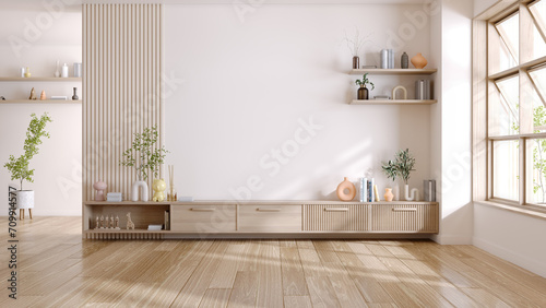 Wood TV cabinet with white wall mounted ,Mid Century Modern Living room ,3d rendering