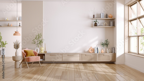 Mid Century Modern Living room .Wood TV cabinet  with white  wall mounted pink sofa on wood floor  3d rendering