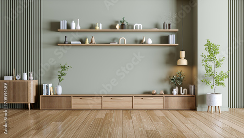 Wood TV cabinet with green wall mounted ,Mid Century Modern Living room .3d rendering