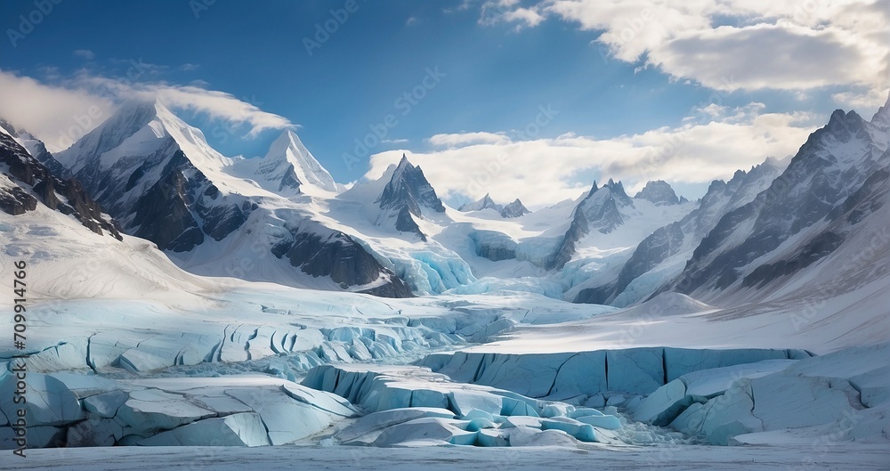 A series of glaciers, each with its own unique shape and texture, stretching across the horizon and creating a stunning contrast against the surrounding mountains - Generative AI