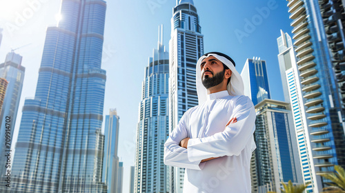 An Arab man stands with his back to a modern tall building. Construction and real estate investments  photo