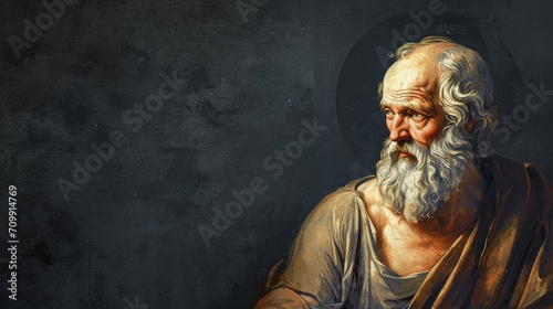 Socrates, The Philosopher, Illustrated in a Round Frame on a Dark Canvas with Space for Tex